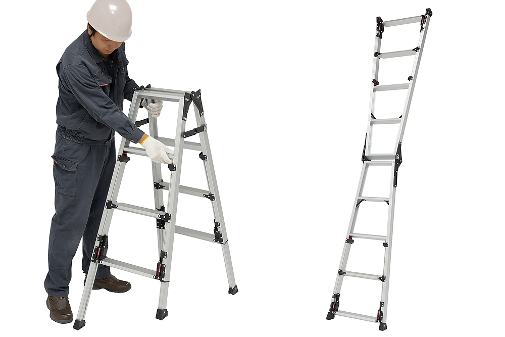 立ったまま脚を伸縮できる上部操作タイプのはしごと脚立